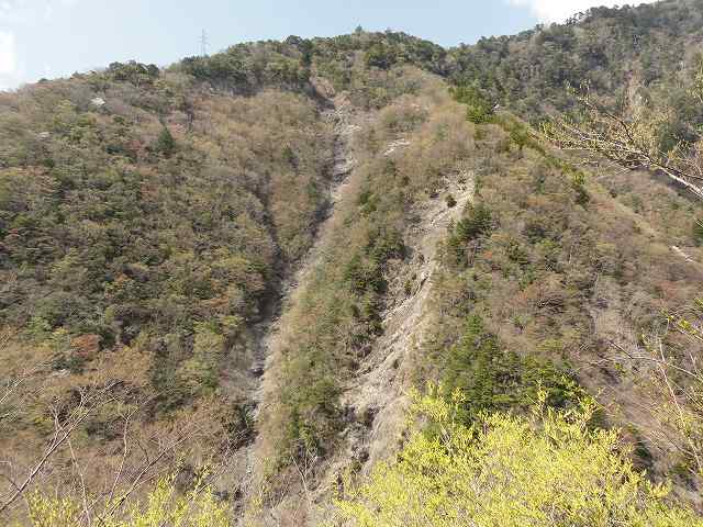 寸又峡「夢の吊り橋」への道から見た山崩れの跡